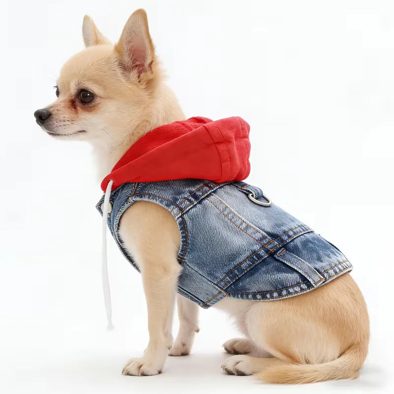 Designer Denim Hoodie Jacket for Small Dogs - Trendy Cowboy Shirt with Cap