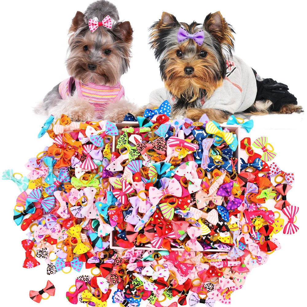 30-Pack Mixed Color Dog Hair Bows with Rubber Bands - Cute Grooming Accessories