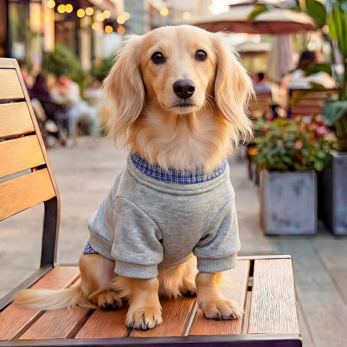 Preppy Blue Plaid Hoodie for Small Dogs and Cats - Two-Legged Pullover with Button Detail