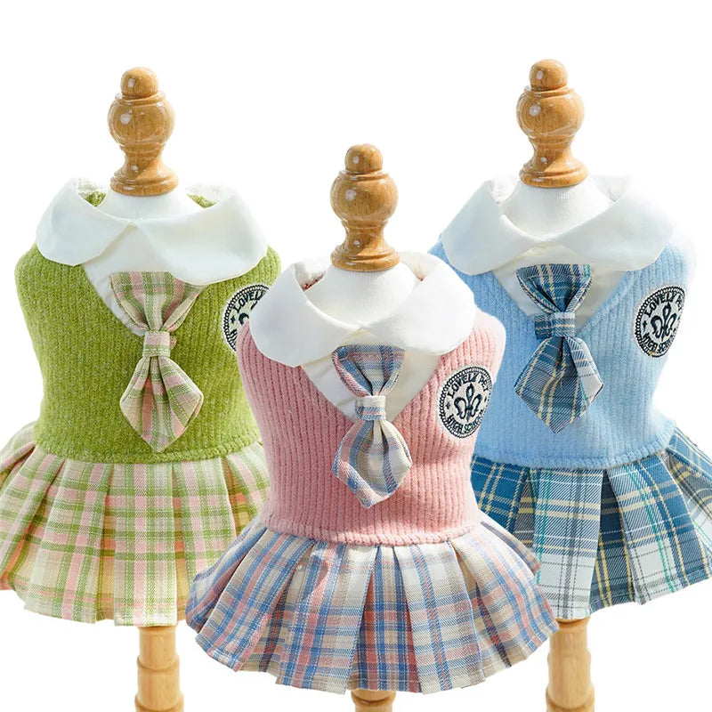 College Plaid Skirt Dress for Small Dogs - Preppy Spring Outfit in Pink Blue Green