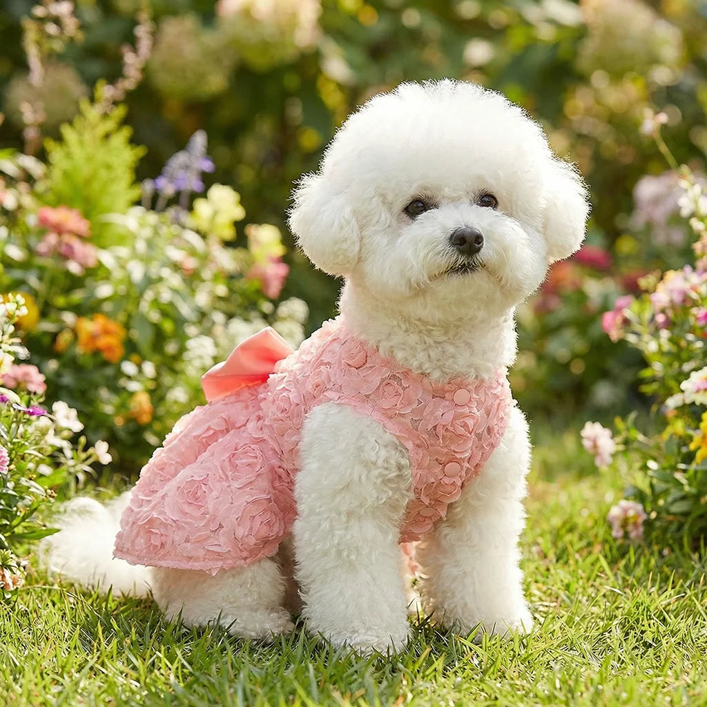 Embroidered Flower Princess Dress for Dogs - Pink Bowknot Spring Outfit
