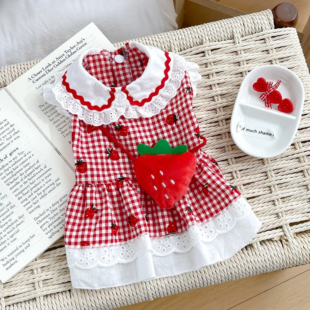 Strawberry Plaid Dress for Dogs & Cats - Cute Cotton Spring Outfit