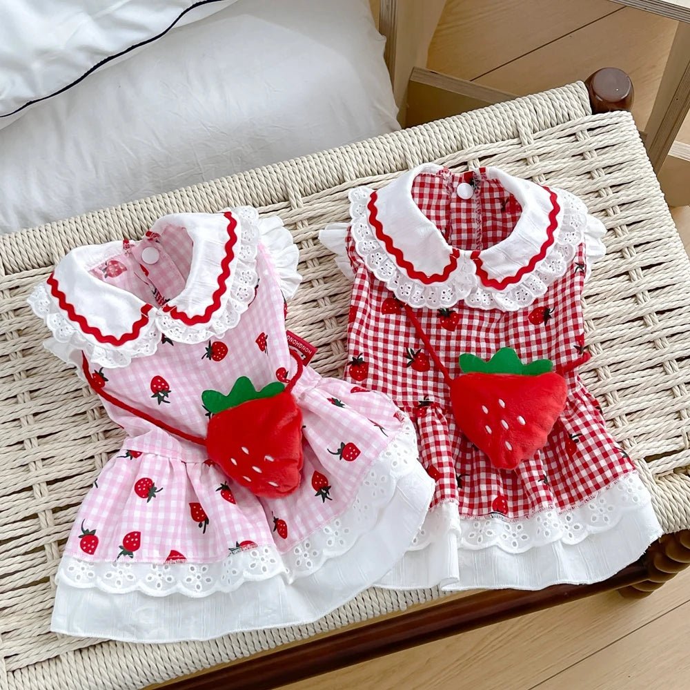 Strawberry Plaid Dress for Dogs & Cats - Cute Cotton Spring Outfit