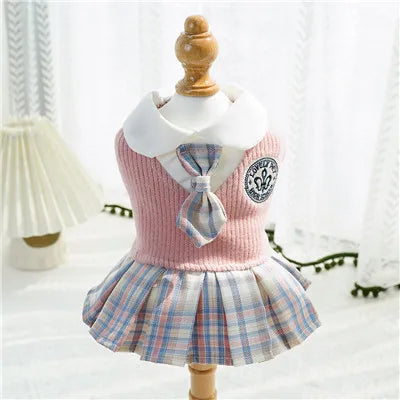 College Plaid Skirt Dress for Small Dogs - Preppy Spring Outfit in Pink Blue Green