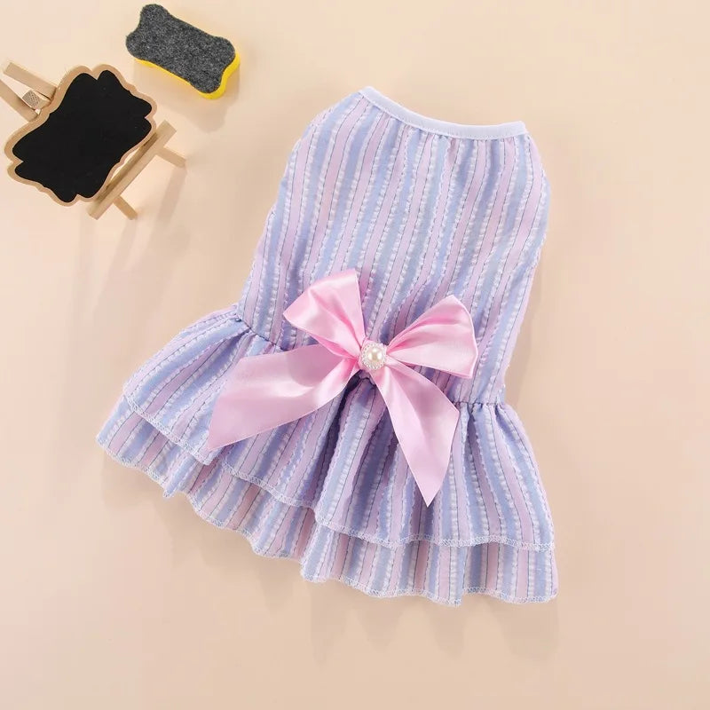 Sweet Princess Dress with Bow for Cats and Small Dogs - Striped Plaid Summer Outfit