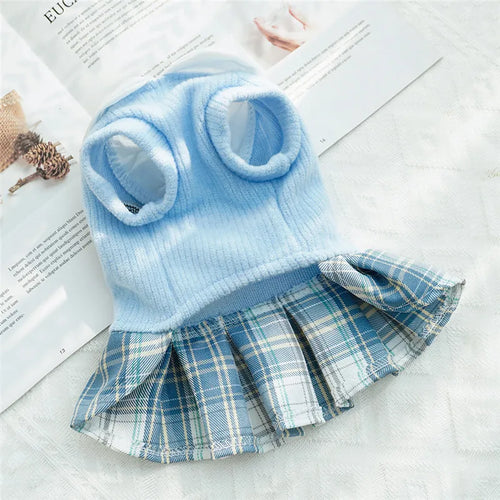 College Plaid Skirt Dress for Small Dogs - Preppy Spring Outfit in Pink Blue Green