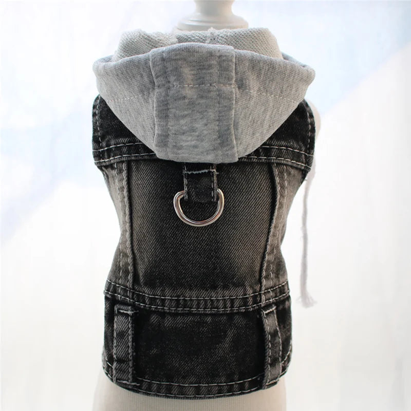Designer Denim Hoodie Jacket for Small Dogs - Trendy Cowboy Shirt with Cap