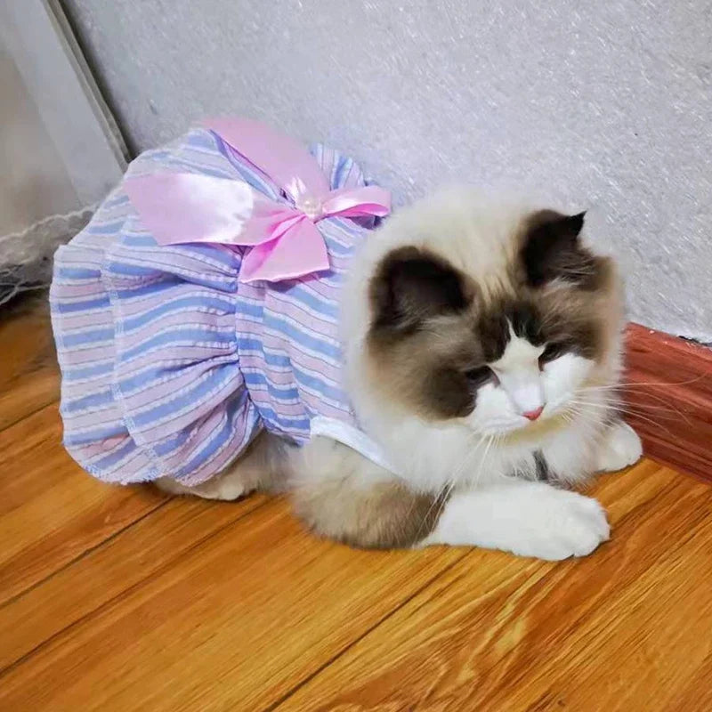 Sweet Princess Dress with Bow for Cats and Small Dogs - Striped Plaid Summer Outfit