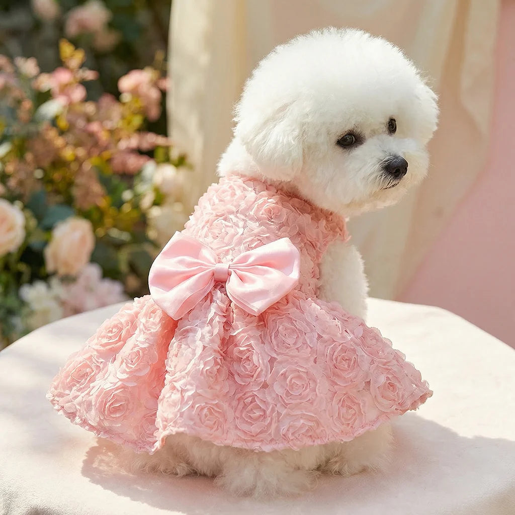 Embroidered Flower Princess Dress for Dogs - Pink Bowknot Spring Outfit