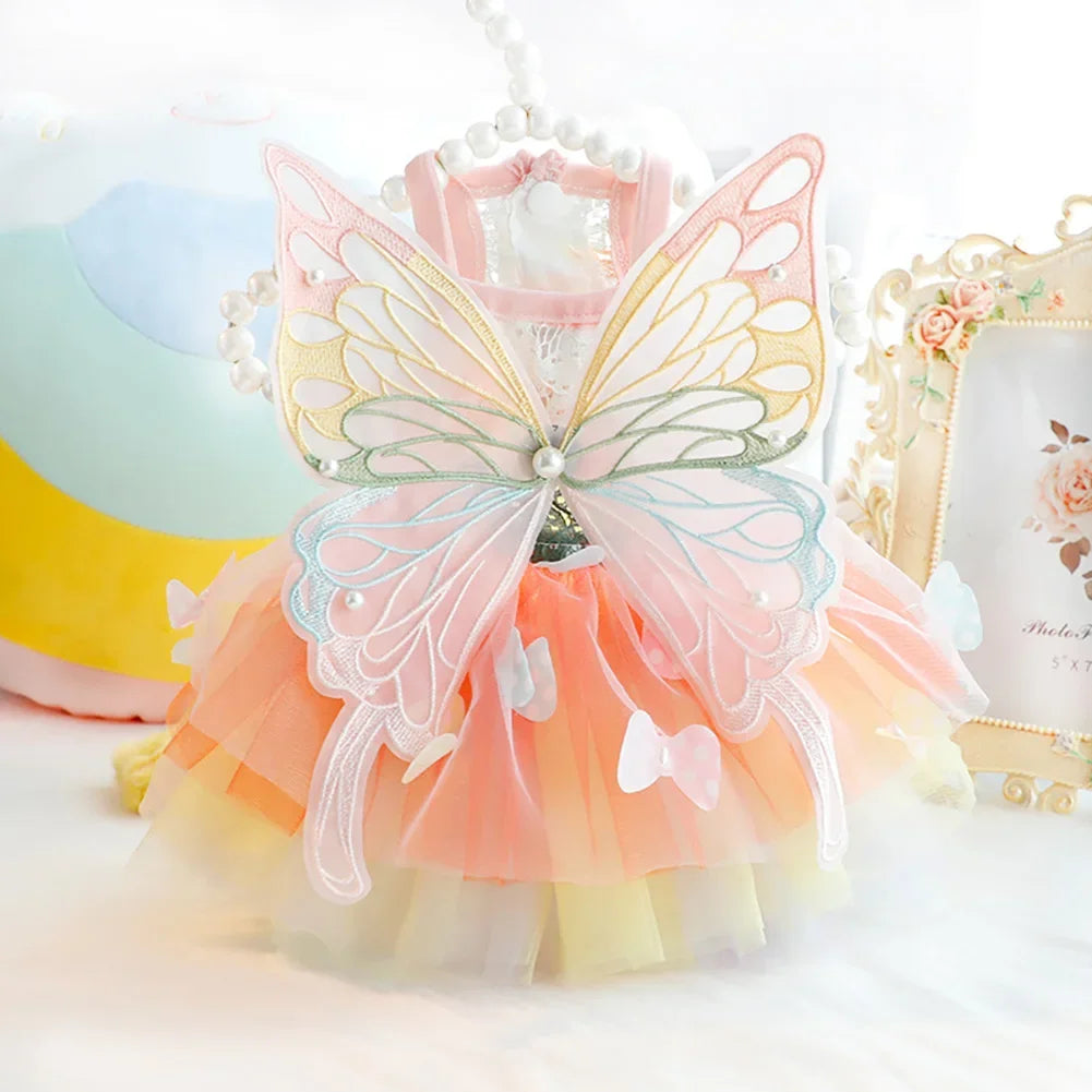 Rainbow Butterfly Princess Dress for Cats and Dogs - Mesh Costume with Wings