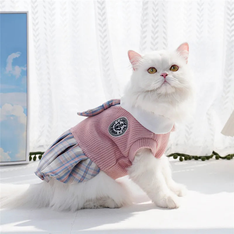 College Plaid Skirt Dress for Small Dogs - Preppy Spring Outfit in Pink Blue Green