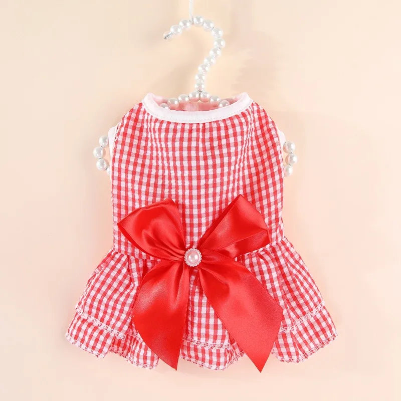 Sweet Princess Dress with Bow for Cats and Small Dogs - Striped Plaid Summer Outfit