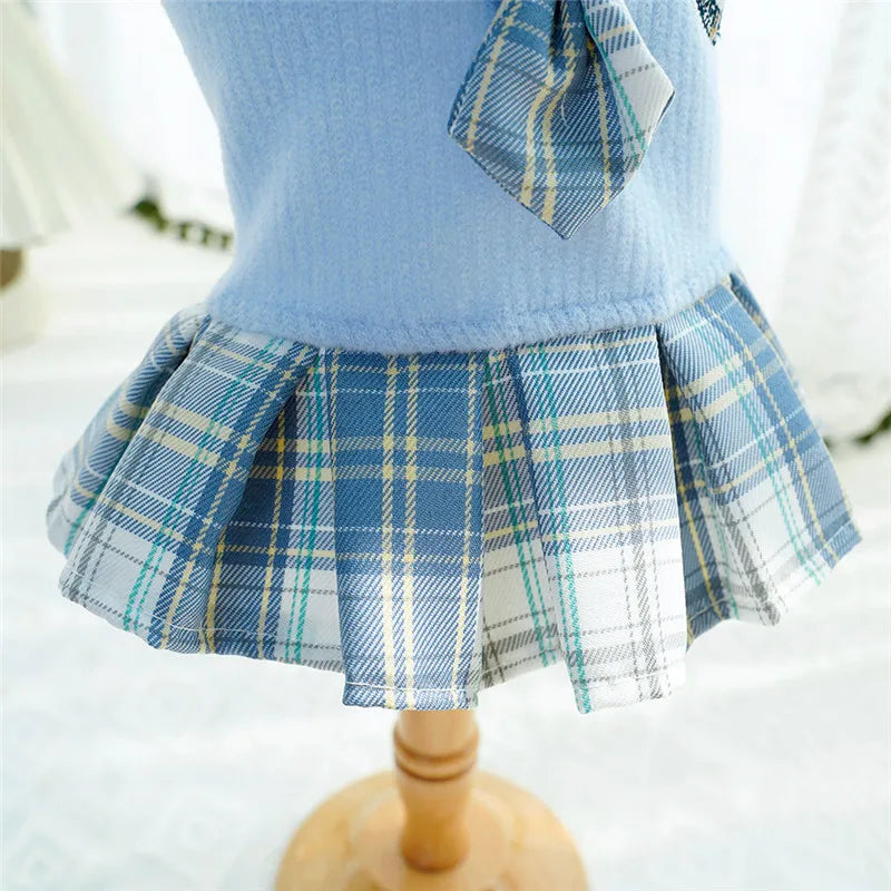 College Plaid Skirt Dress for Small Dogs - Preppy Spring Outfit in Pink Blue Green