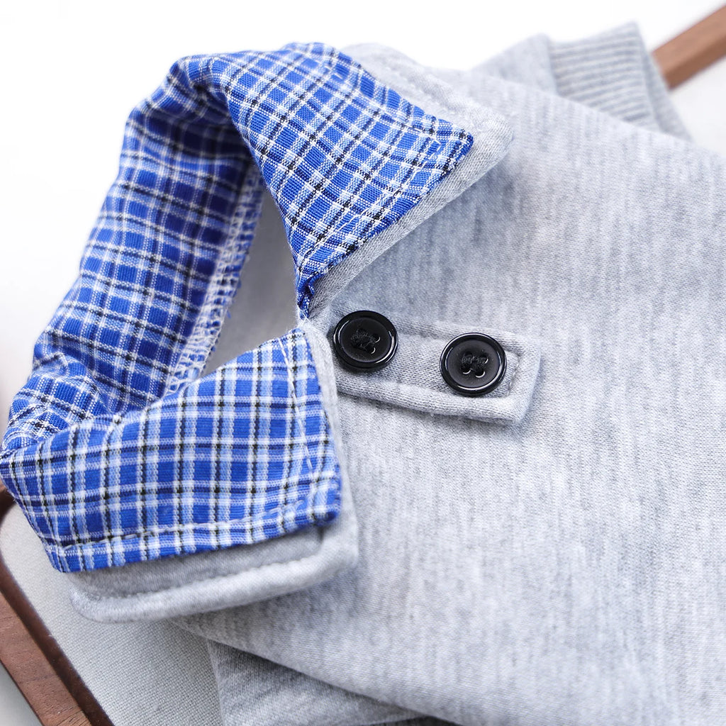 Preppy Blue Plaid Hoodie for Small Dogs and Cats - Two-Legged Pullover with Button Detail