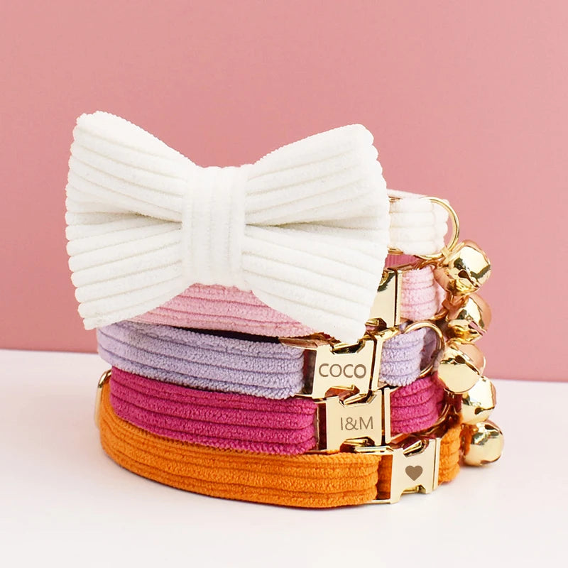 Personalized Cat Collar with Bell and Bow Tie - Custom Engraved Name Plate