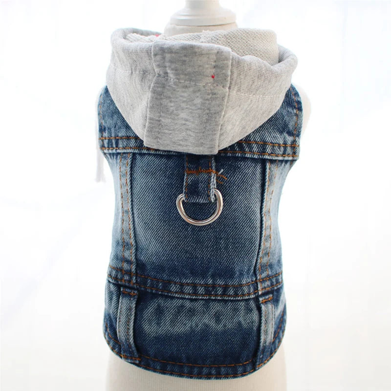 Designer Denim Hoodie Jacket for Small Dogs - Trendy Cowboy Shirt with Cap