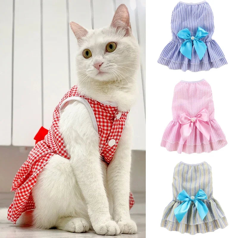 Sweet Princess Dress with Bow for Cats and Small Dogs - Striped Plaid Summer Outfit