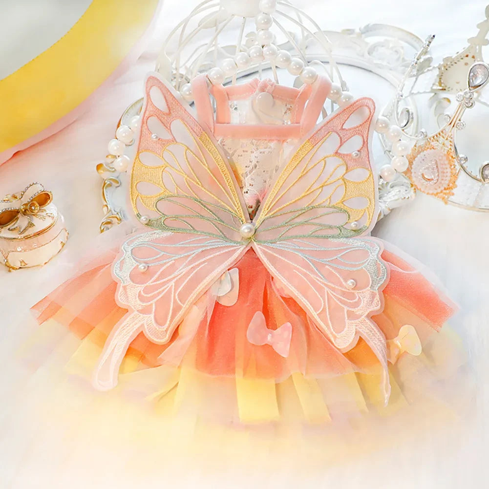 Rainbow Butterfly Princess Dress for Cats and Dogs - Mesh Costume with Wings