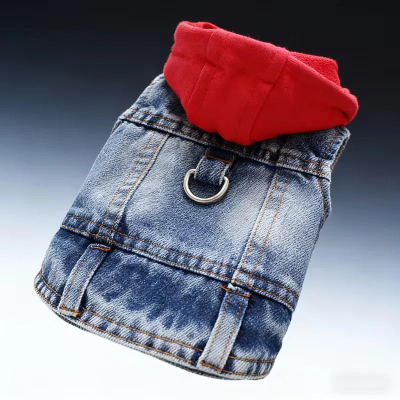 Designer Denim Hoodie Jacket for Small Dogs - Trendy Cowboy Shirt with Cap