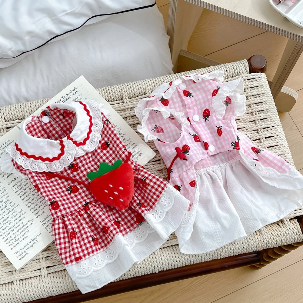 Strawberry Plaid Dress for Dogs & Cats - Cute Cotton Spring Outfit