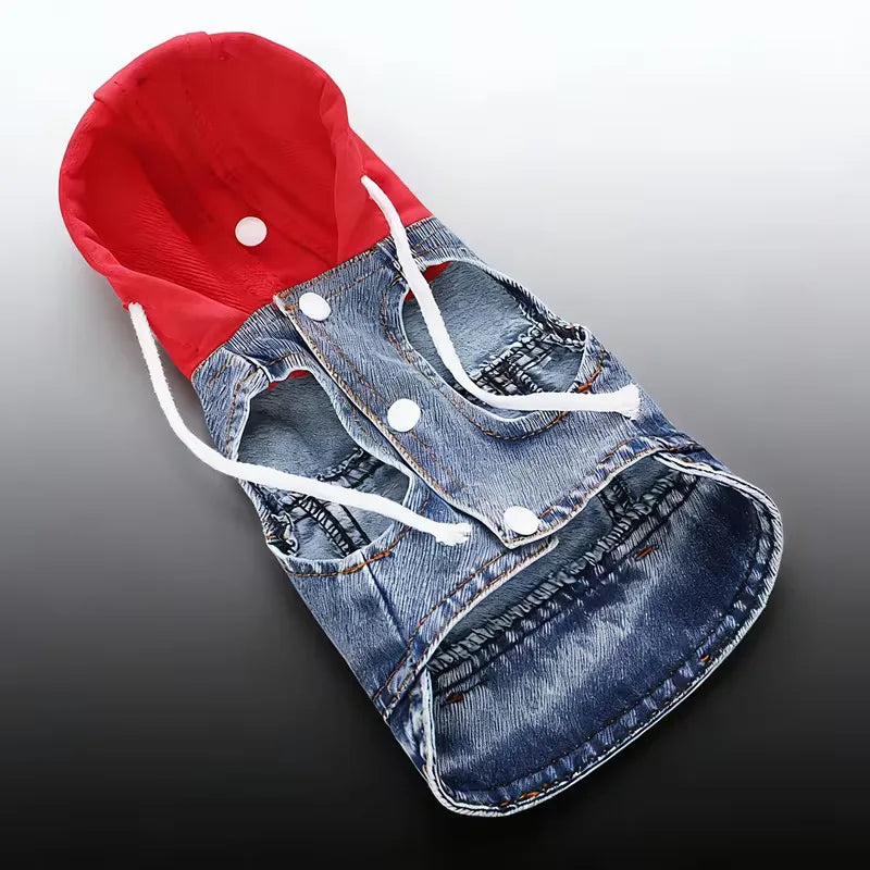 Designer Denim Hoodie Jacket for Small Dogs - Trendy Cowboy Shirt with Cap