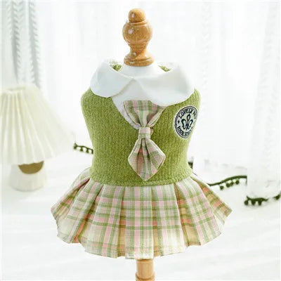 College Plaid Skirt Dress for Small Dogs - Preppy Spring Outfit in Pink Blue Green