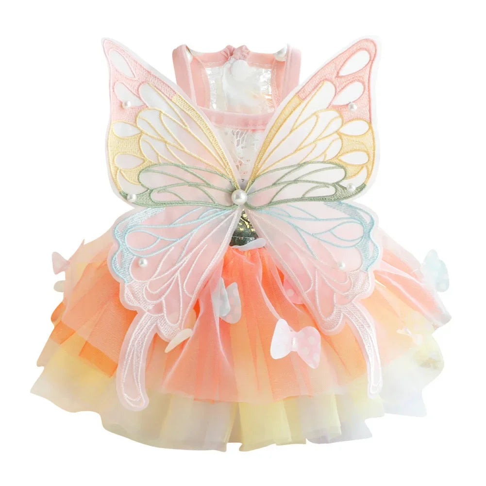 Rainbow Butterfly Princess Dress for Cats and Dogs - Mesh Costume with Wings