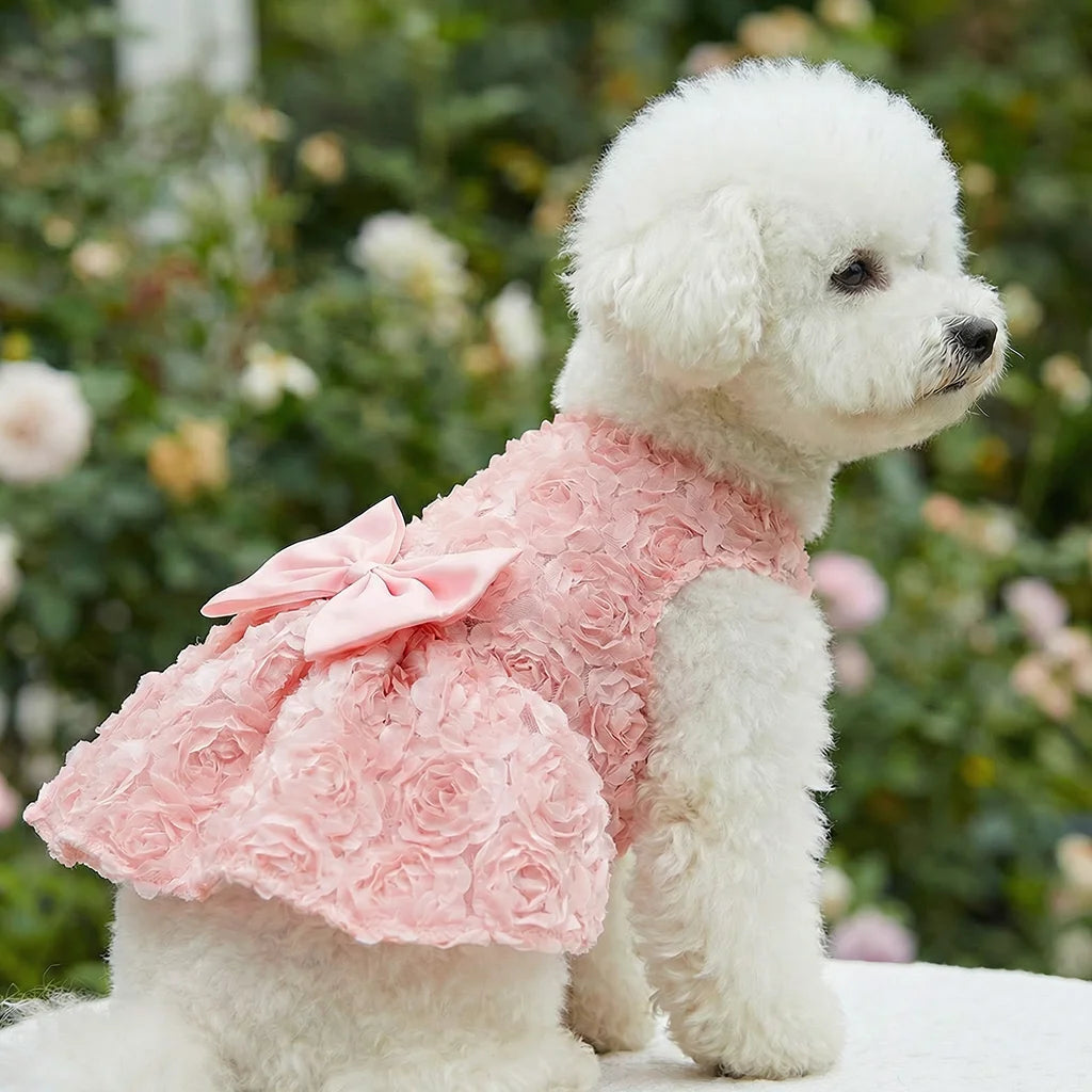 Embroidered Flower Princess Dress for Dogs - Pink Bowknot Spring Outfit
