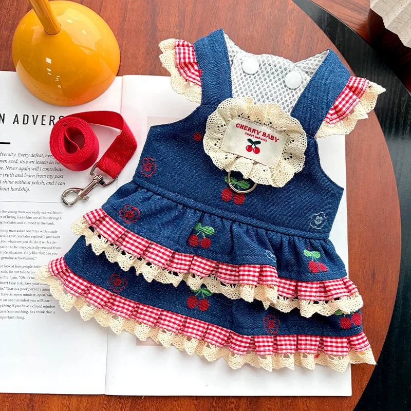 Denim Dog Dress & Harness Set with Matching Leash - Chic Outfit for Dogs and Cats