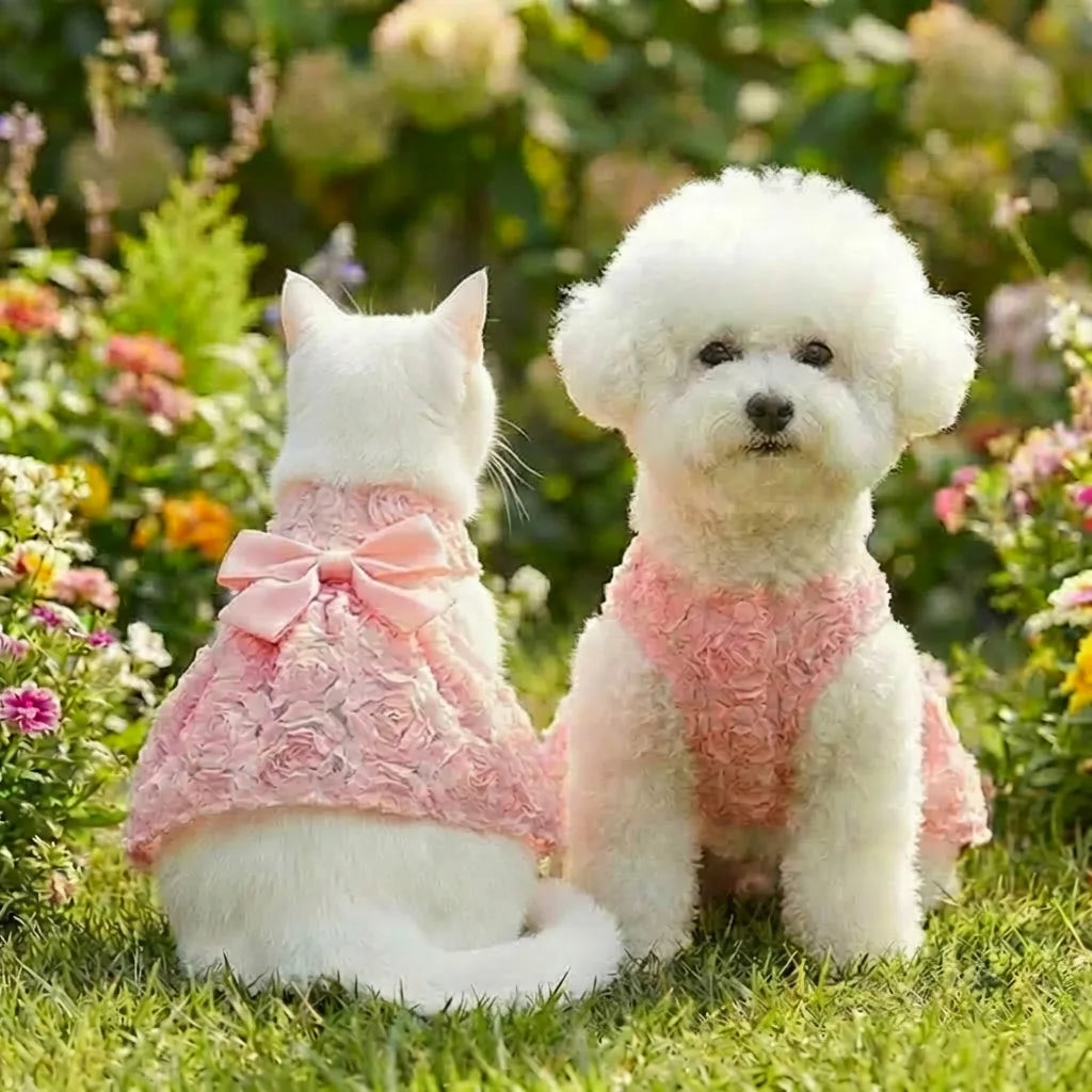 Embroidered Flower Princess Dress for Dogs - Pink Bowknot Spring Outfit