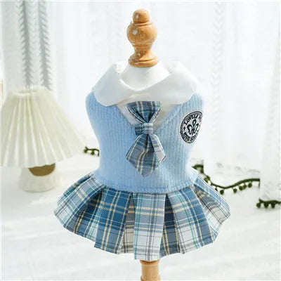 College Plaid Skirt Dress for Small Dogs - Preppy Spring Outfit in Pink Blue Green