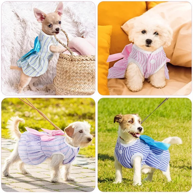 Sweet Princess Dress with Bow for Cats and Small Dogs - Striped Plaid Summer Outfit