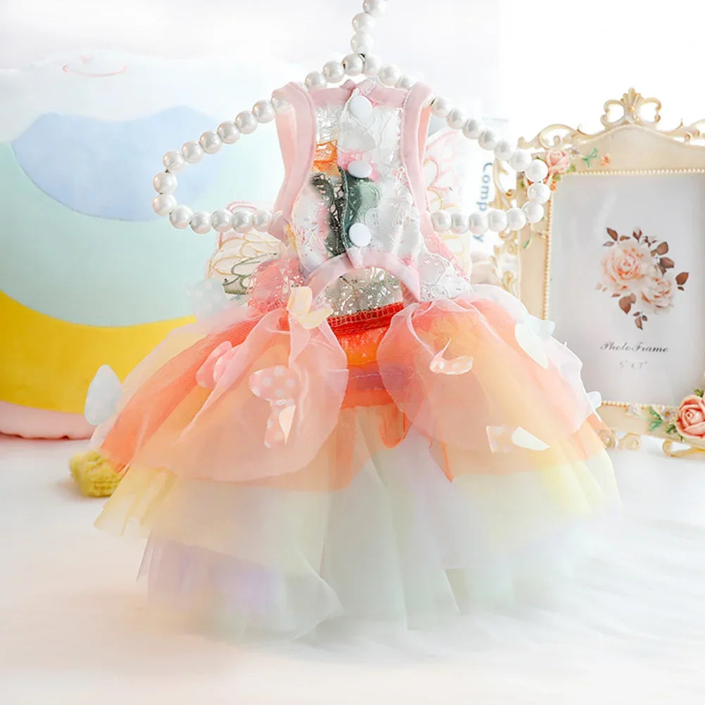 Rainbow Butterfly Princess Dress for Cats and Dogs - Mesh Costume with Wings