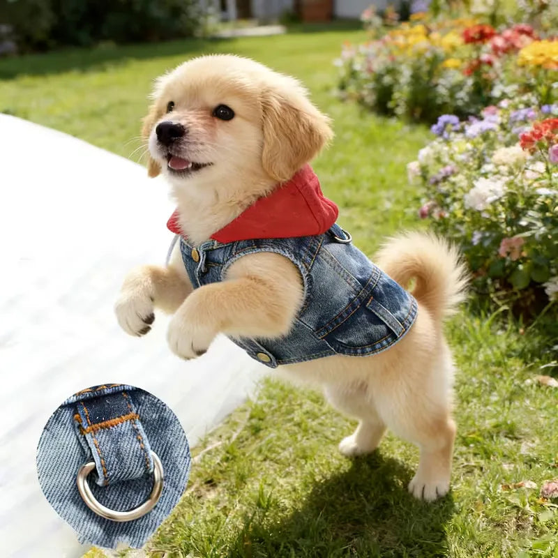 Designer Denim Hoodie Jacket for Small Dogs - Trendy Cowboy Shirt with Cap