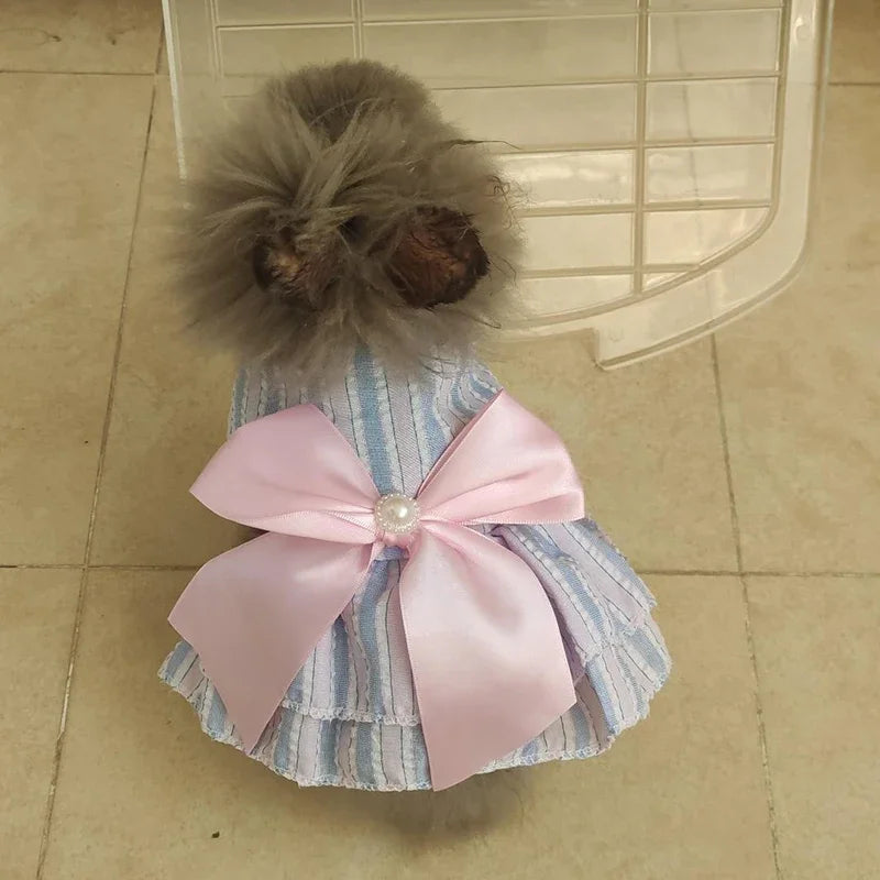 Sweet Princess Dress with Bow for Cats and Small Dogs - Striped Plaid Summer Outfit