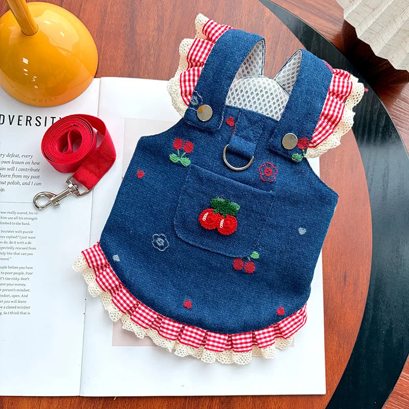 Denim Dog Dress & Harness Set with Matching Leash - Chic Outfit for Dogs and Cats