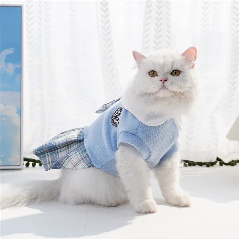 College Plaid Skirt Dress for Small Dogs - Preppy Spring Outfit in Pink Blue Green