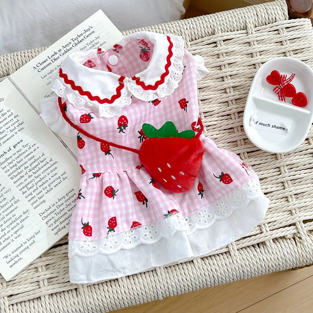 Strawberry Plaid Dress for Dogs & Cats - Cute Cotton Spring Outfit