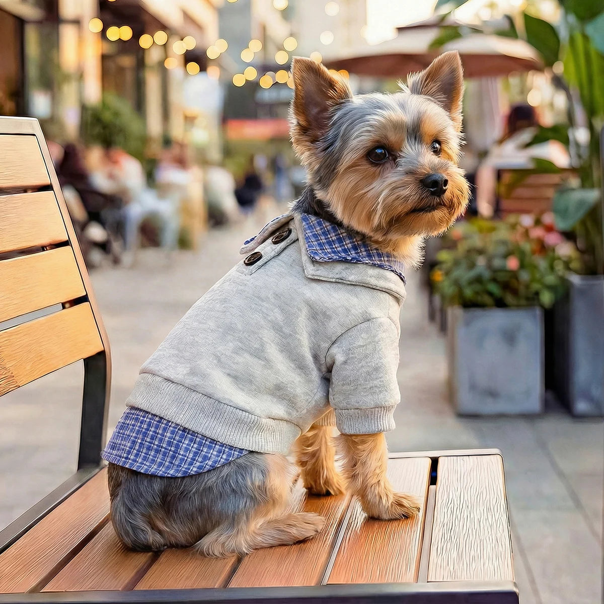 Preppy Blue Plaid Hoodie for Small Dogs and Cats - Two-Legged Pullover with Button Detail