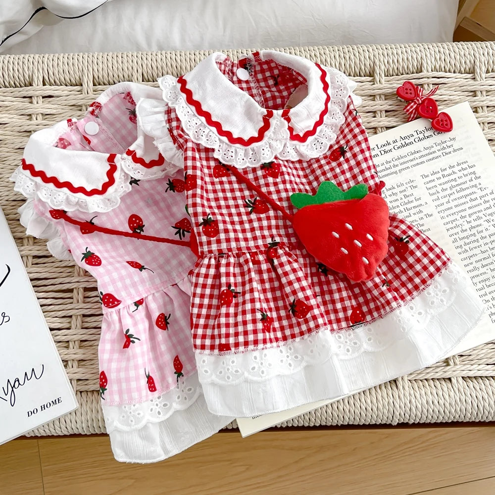 Strawberry Plaid Dress for Dogs & Cats - Cute Cotton Spring Outfit