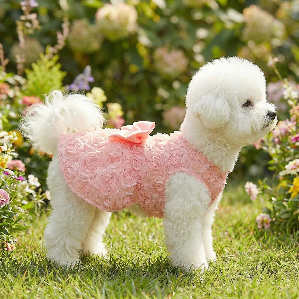 Embroidered Flower Princess Dress for Dogs - Pink Bowknot Spring Outfit